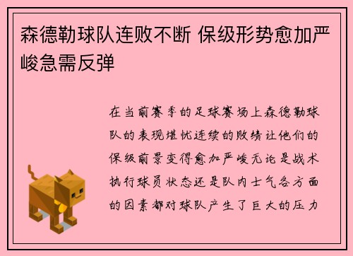 森德勒球队连败不断 保级形势愈加严峻急需反弹